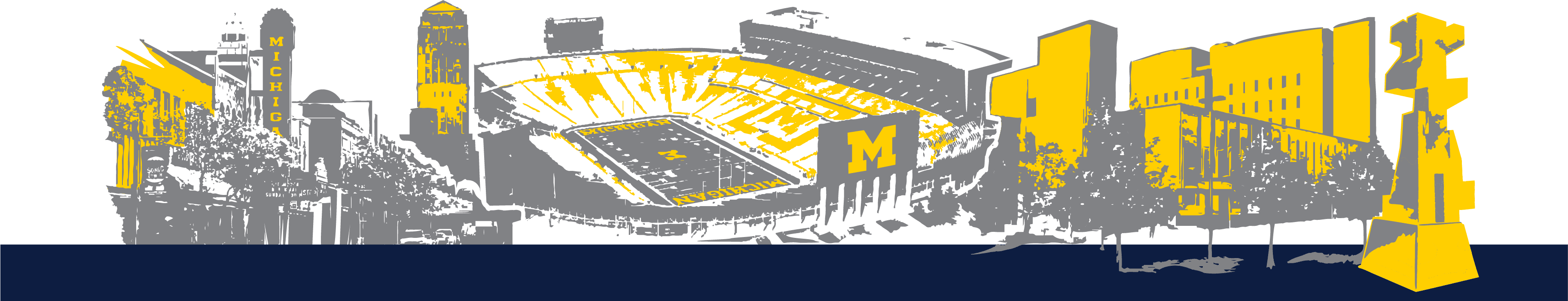 Image of Michigan Theater, Clock tower, Michigan Stadium, Dental School, and Tooth Fairy statue.