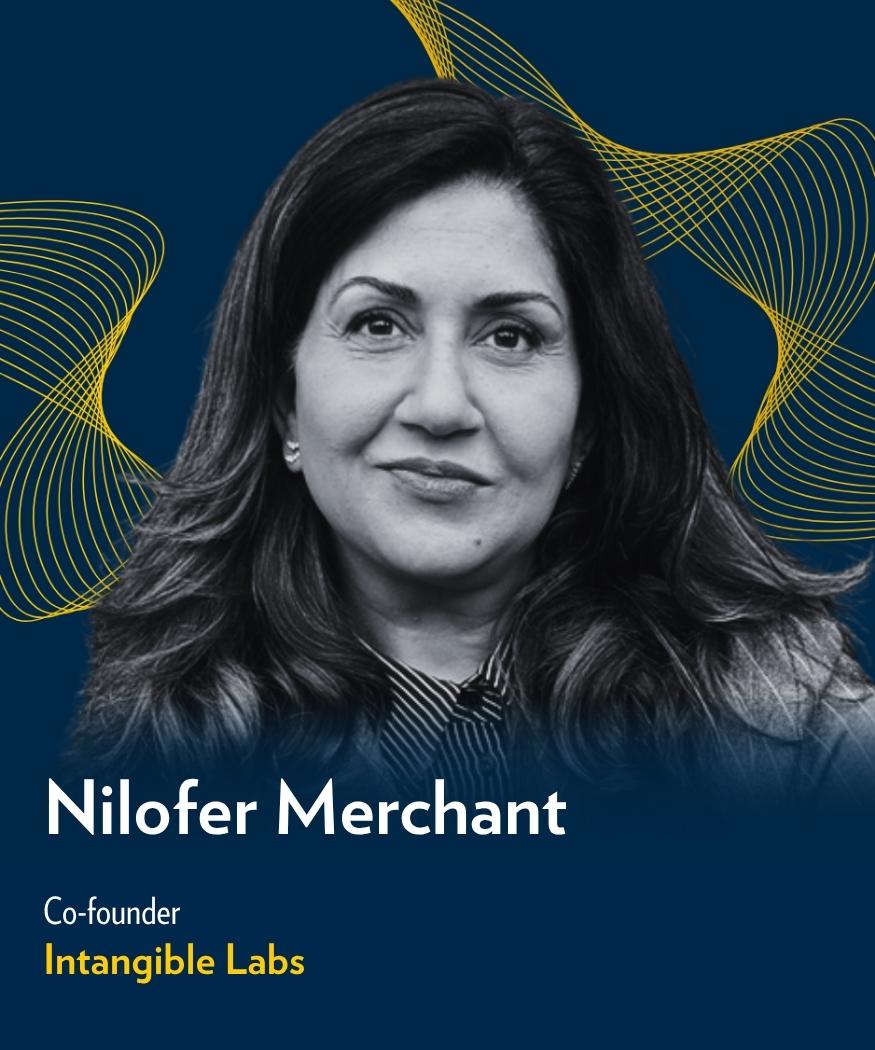 Nilofer Merchant, Co-founder of Intangible Labs, pictured against a dark blue background with maize wave graphics.