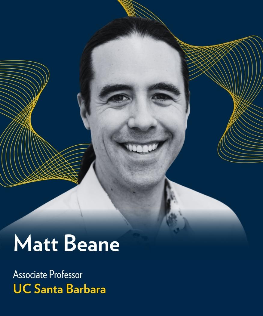 Matt Beane, Associate Professor at UC Santa Barbara, smiles against a dark blue background with maize wave graphics.