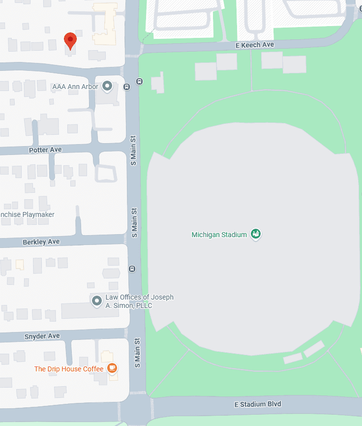 Pinned tailgate location at 304 W. Keech Avenue. Michigan Stadium is one block south across S. Main Street.