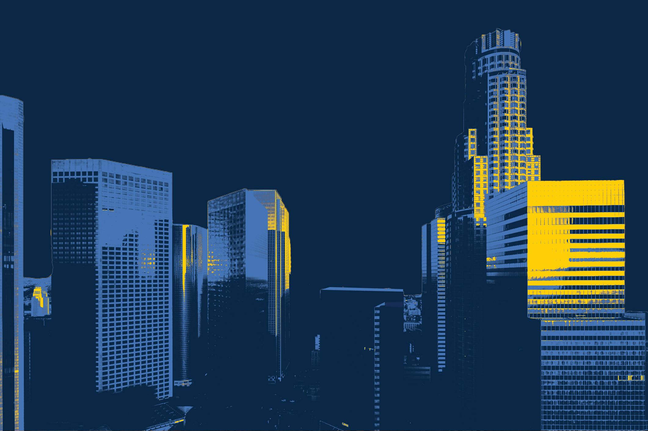 Stylized LA city skyline with high-rise buildings in blue and yellow tones against a dark background