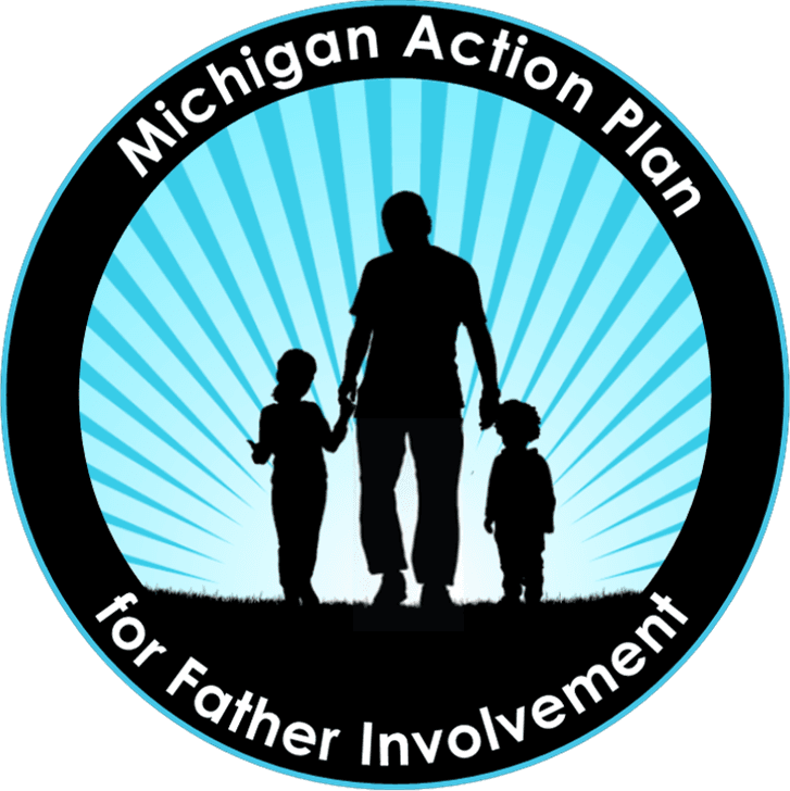 Logo showing silhouette of man with two children and words around them.