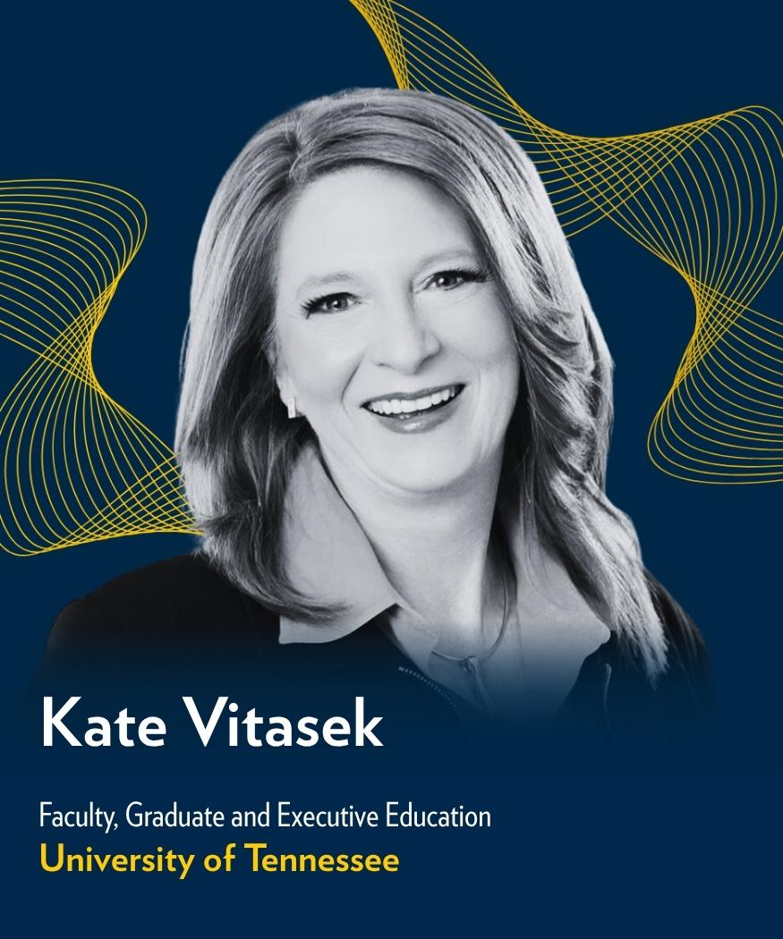 Kate Vitasek, Faculty in Graduate and Executive Education at the University of Tennessee, smiles against a dark blue background with maize wave graphics.
