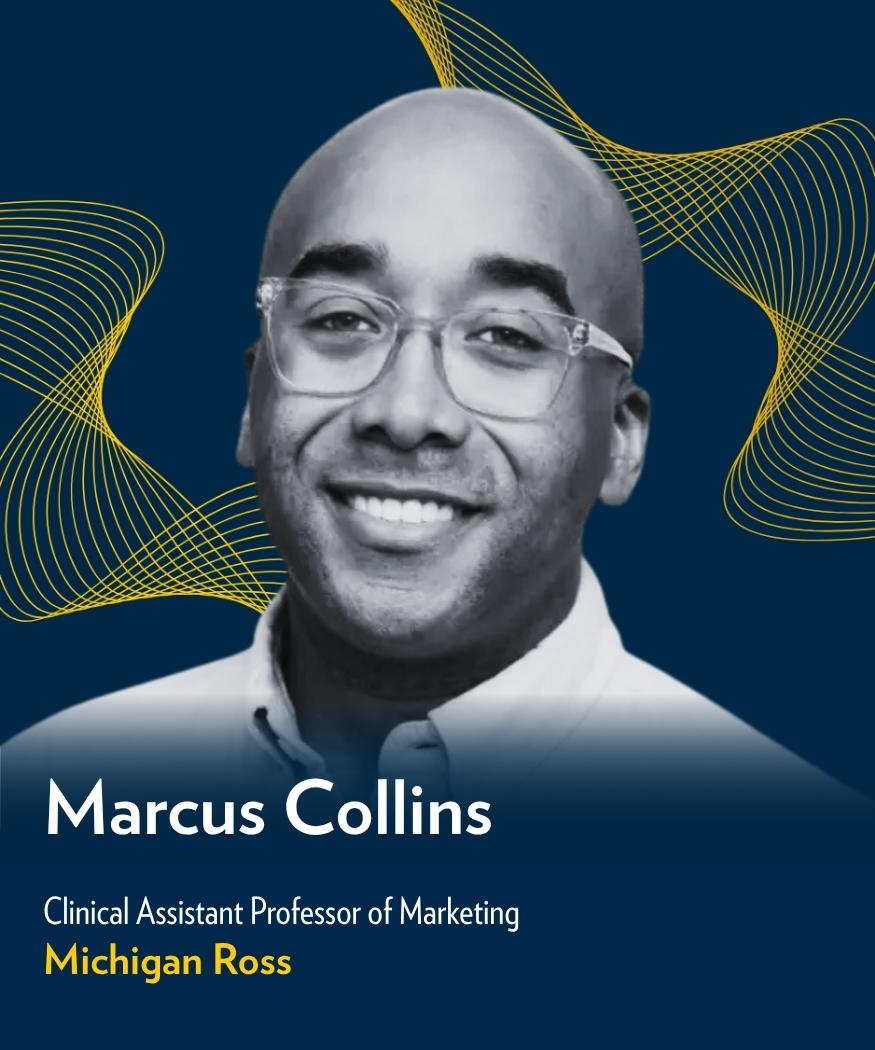 Marcus Collins, Clinical Assistant Professor of Marketing at Michigan Ross, smiles against a dark blue background with maize wave graphics.
