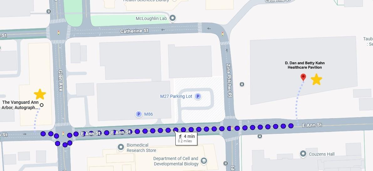 Map of directions from the Vangaurd Hotel to the D.Dan and Betty Kahn Healthcare Pavilion.